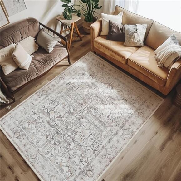 Washable Area Rug Low Pile Bedroom Rug Stain Resistant Vintage Rug Boho Area Rug - Picture 1 of 7